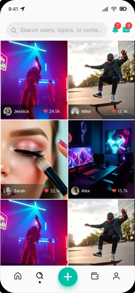 Fuzzin discover grid — creator thumbnails with engagement counts and search